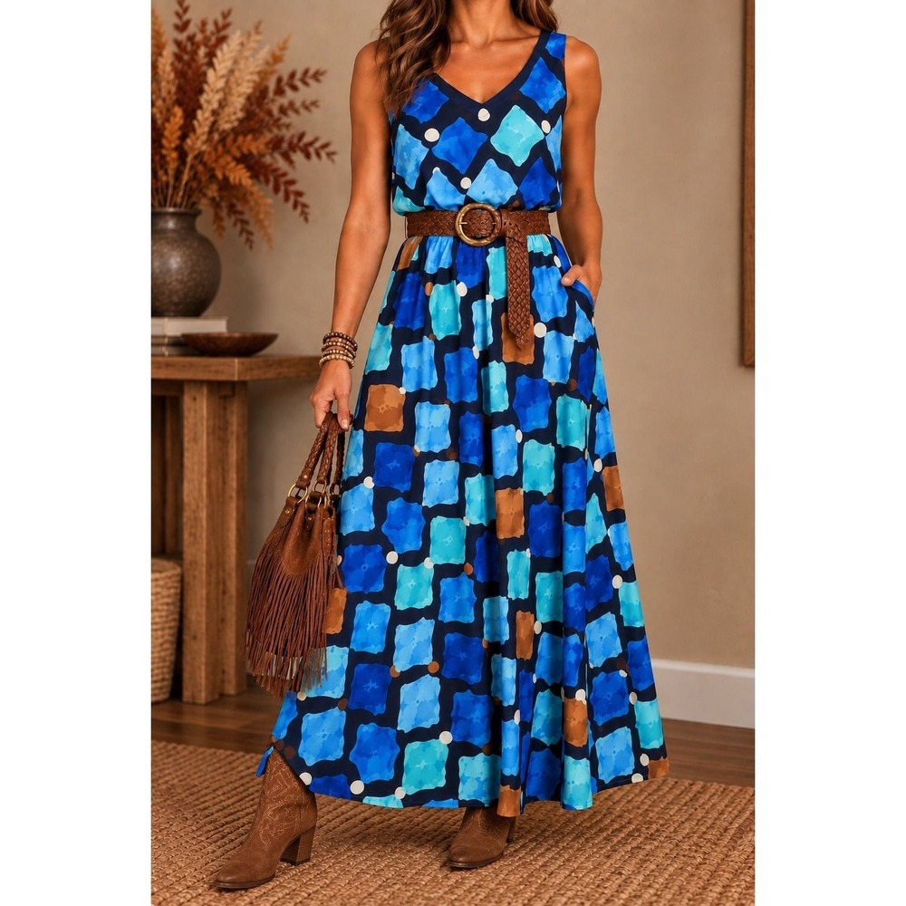 M 70 Nic+Zoe Maxi Dress Blue Geometric Abstract Sleeveless Boho  Vacation NWT